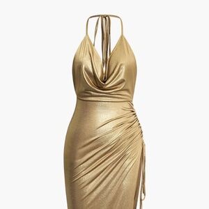 Metallic Asymmetrical Ruched Halter Midi Dress